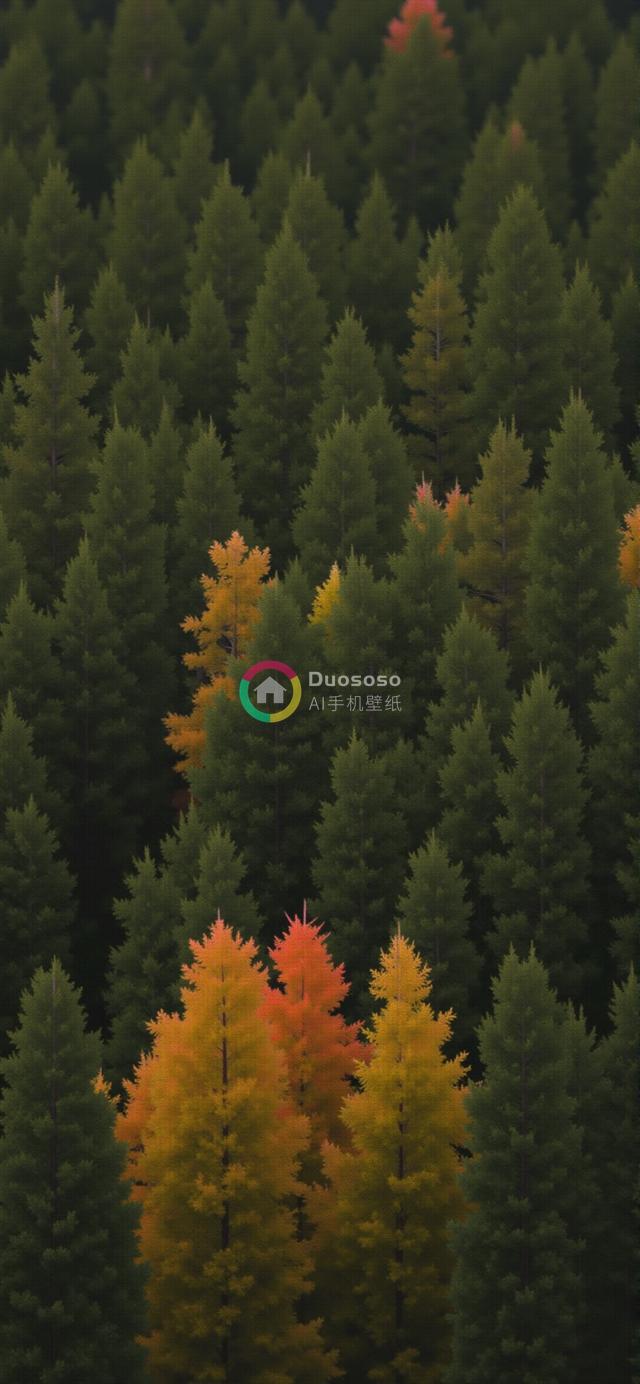 高视角下的密林秋色：常绿与落叶树木的鲜明对比