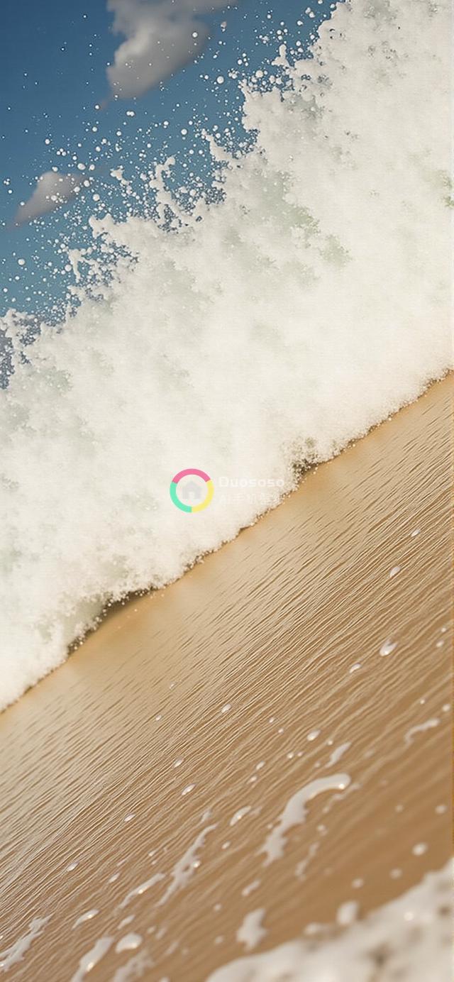  low-angle shot of a frothy blue wave crashing onto a golden beach