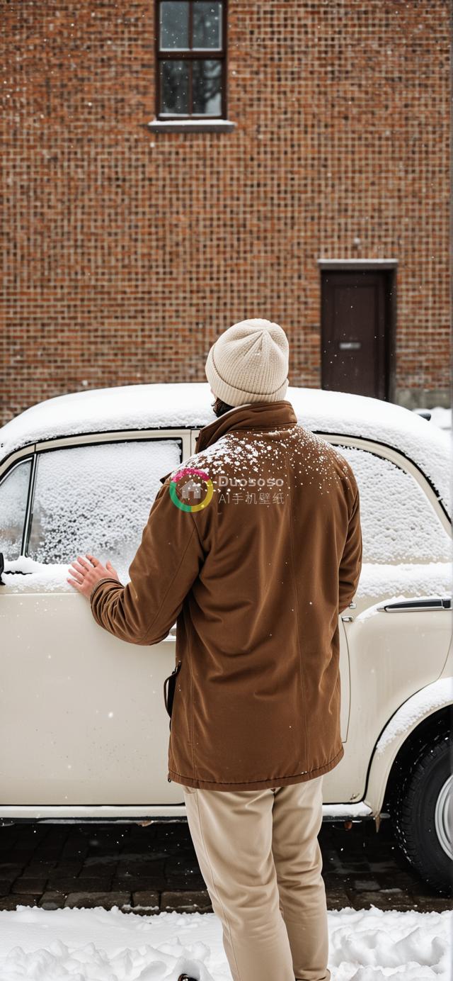 冬日雪景：男子背影触摸雪覆盖车辆的照片