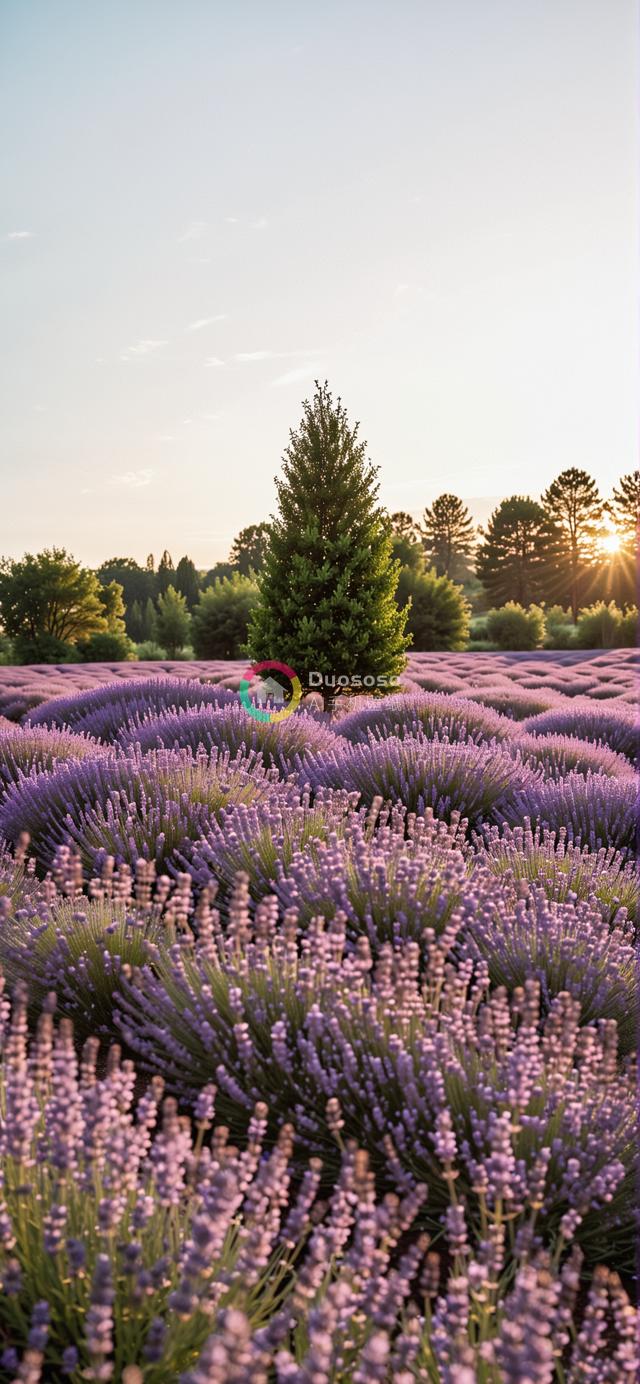 晨光下的孤独松树与盛放薰衣草美景