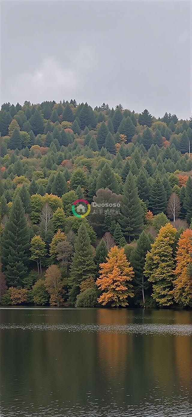 宁静秋景：密林斜坡映湖光，渲染平和氛围