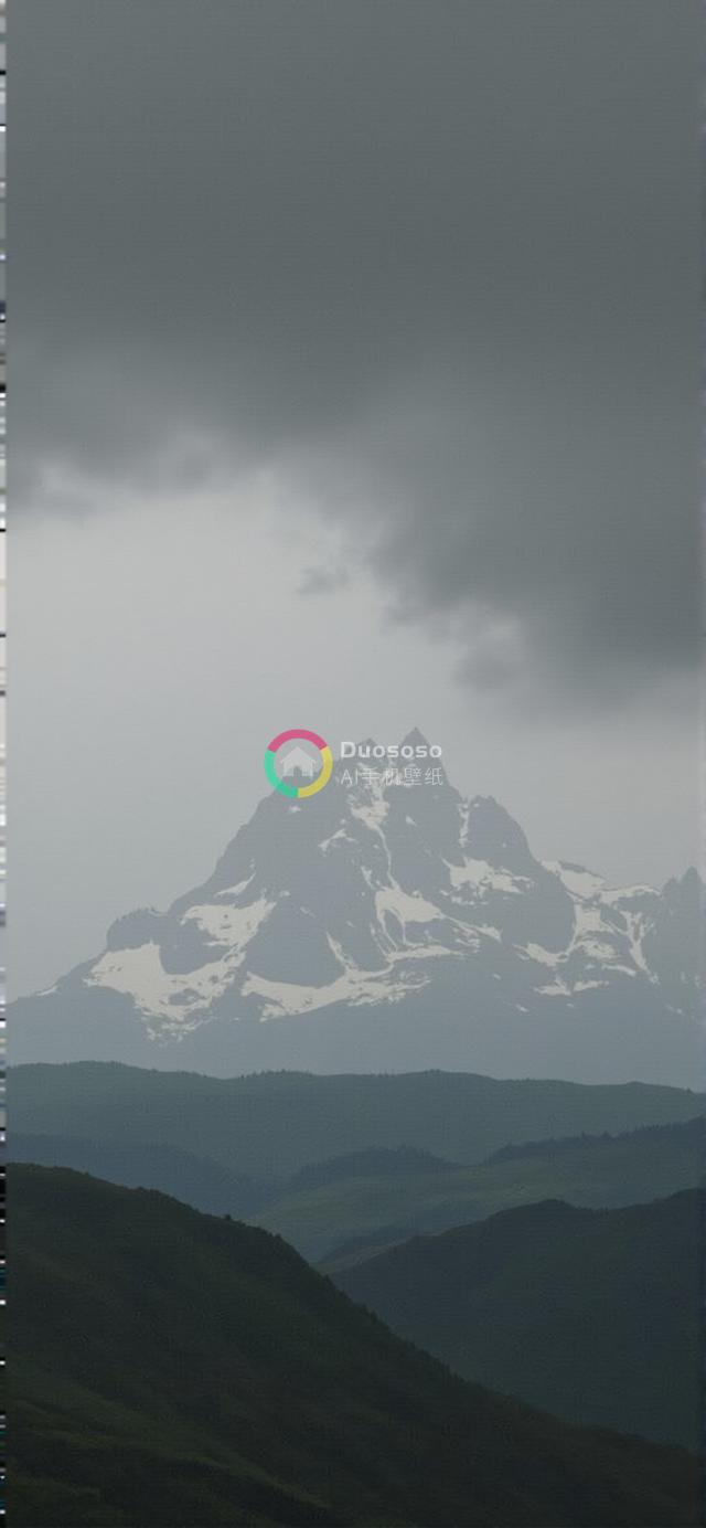 雪山穿云照：雄伟山峰主宰阴郁天空，展现浩瀚壮丽之美