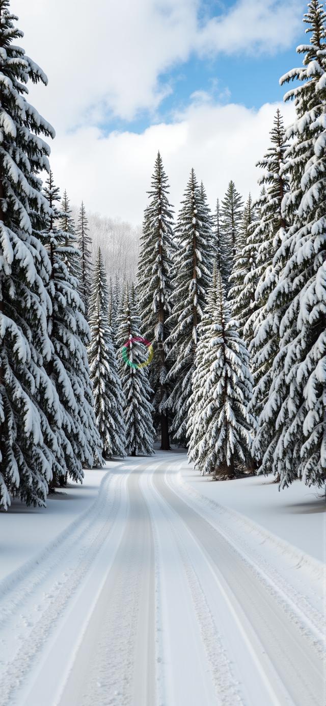 雪覆盖森林中的宁静蜿蜒小径摄影，展现冬日深度与宁静
