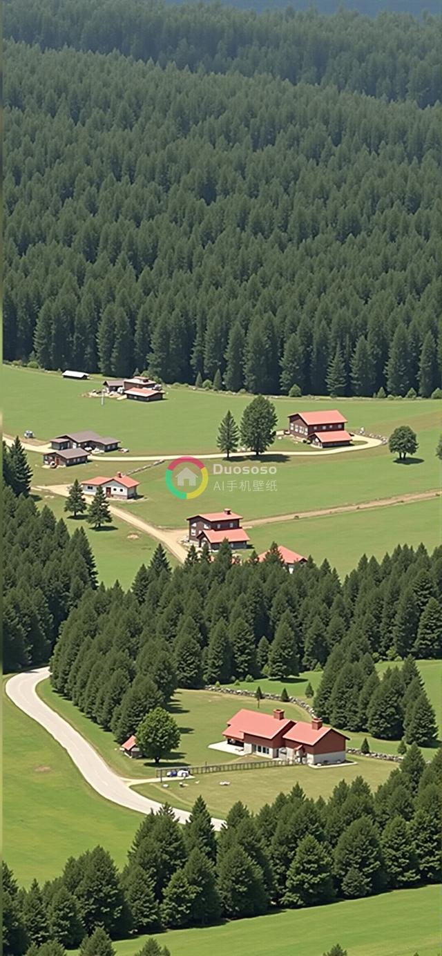 “高空俯瞰的红屋顶乡村风光：绿草如茵与密林交织的宁静田园生活”