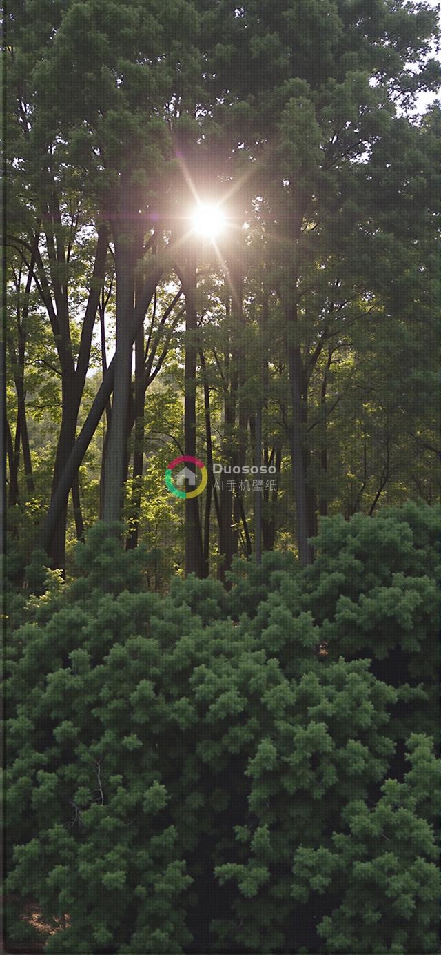 绿意盎然：透过密林光影的低角度星芒风光照