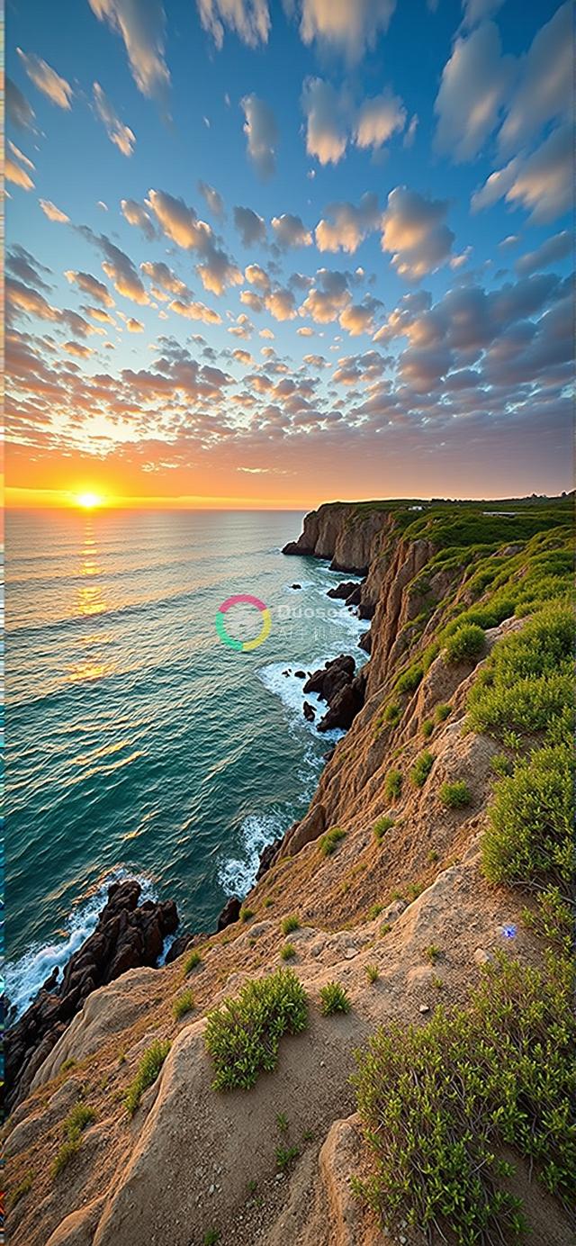 高空俯瞰壮美海岸落日：岩壁苍翠，海天一色，宁静与震撼并存 

（由于标题需要简洁，以上内容进行了适当提炼和艺术加工，以符合标题的吸引力。） 

若需更简短版本：

绝美海岸落日摄影：壮丽岩壁映海天