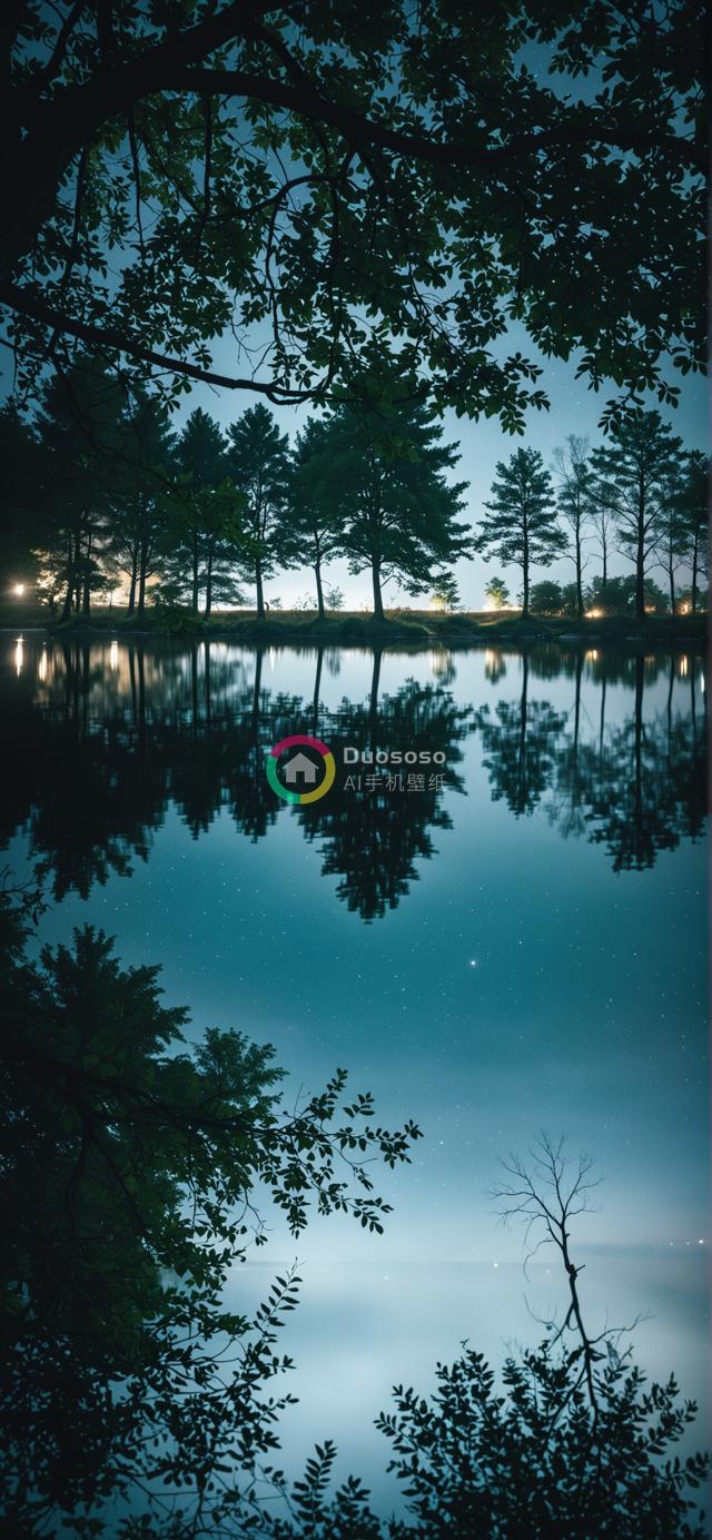 暮色森林框景下的宁静湖泊镜像摄影