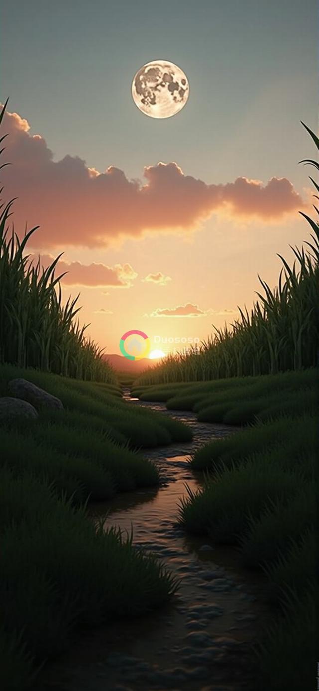 宁静夕阳满月景：落日余晖映山川