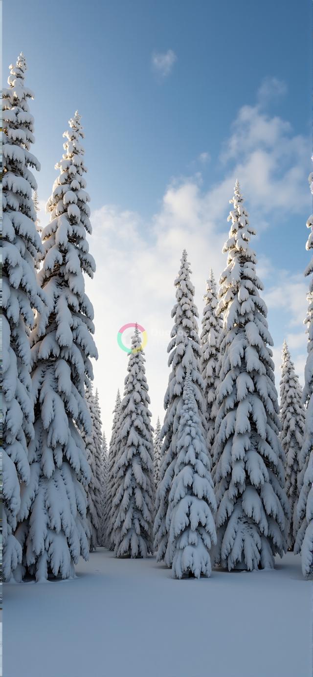 宁静冬日仙境：雪覆盖松林沐浴在和煦阳光下