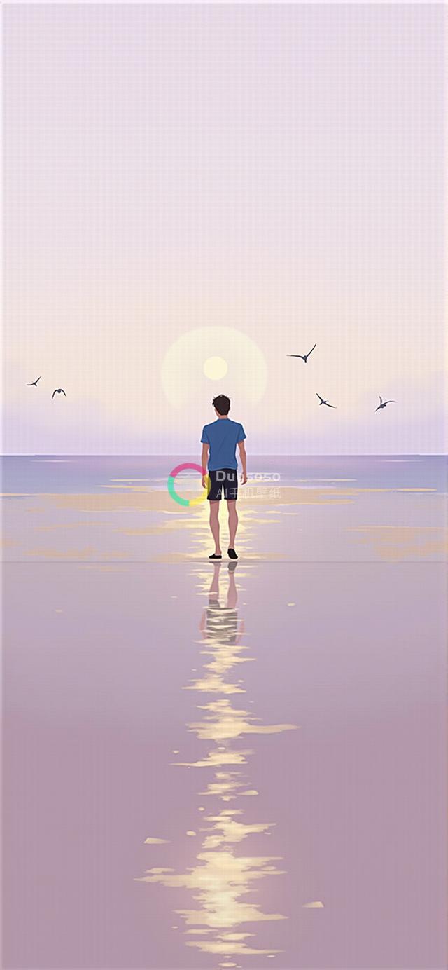 落日海滩背影男子渲染画：静谧沉思与孤独共鸣