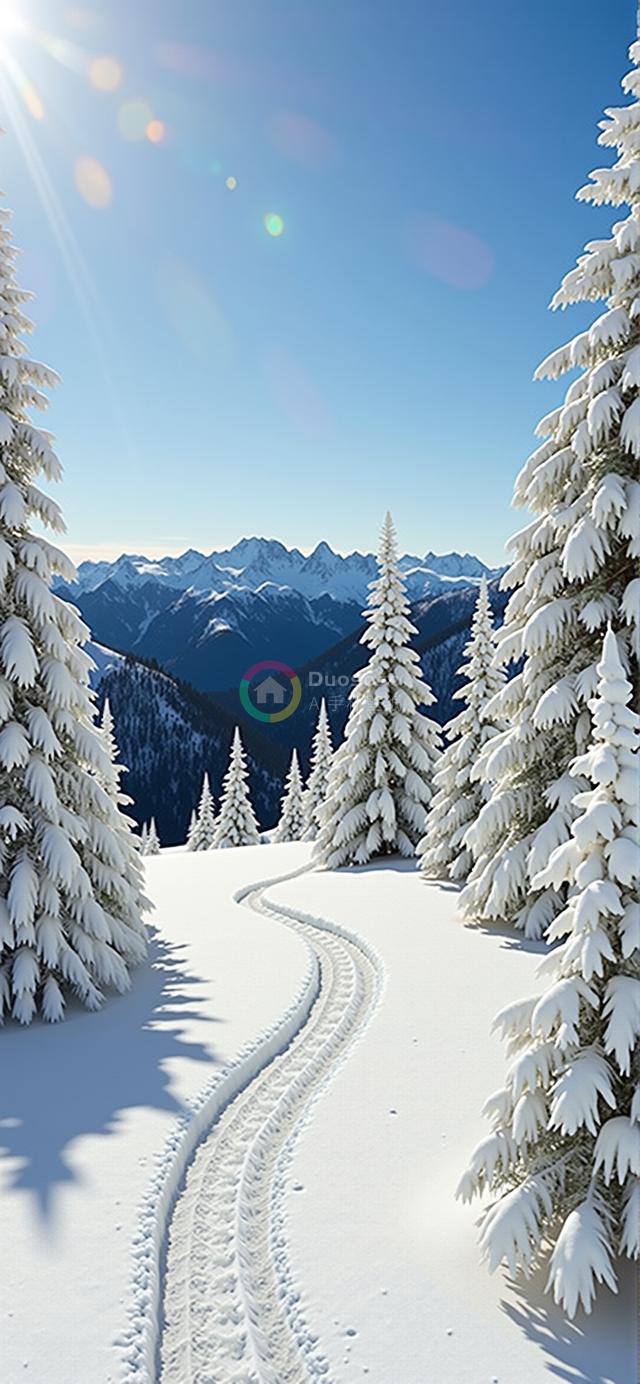 冬景迷人：雪覆林间径通雪山，宁静美好