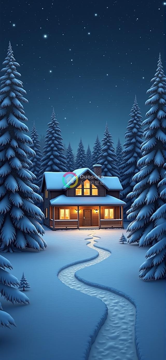 雪夜森林中温馨木屋星光璀璨的宁静画面