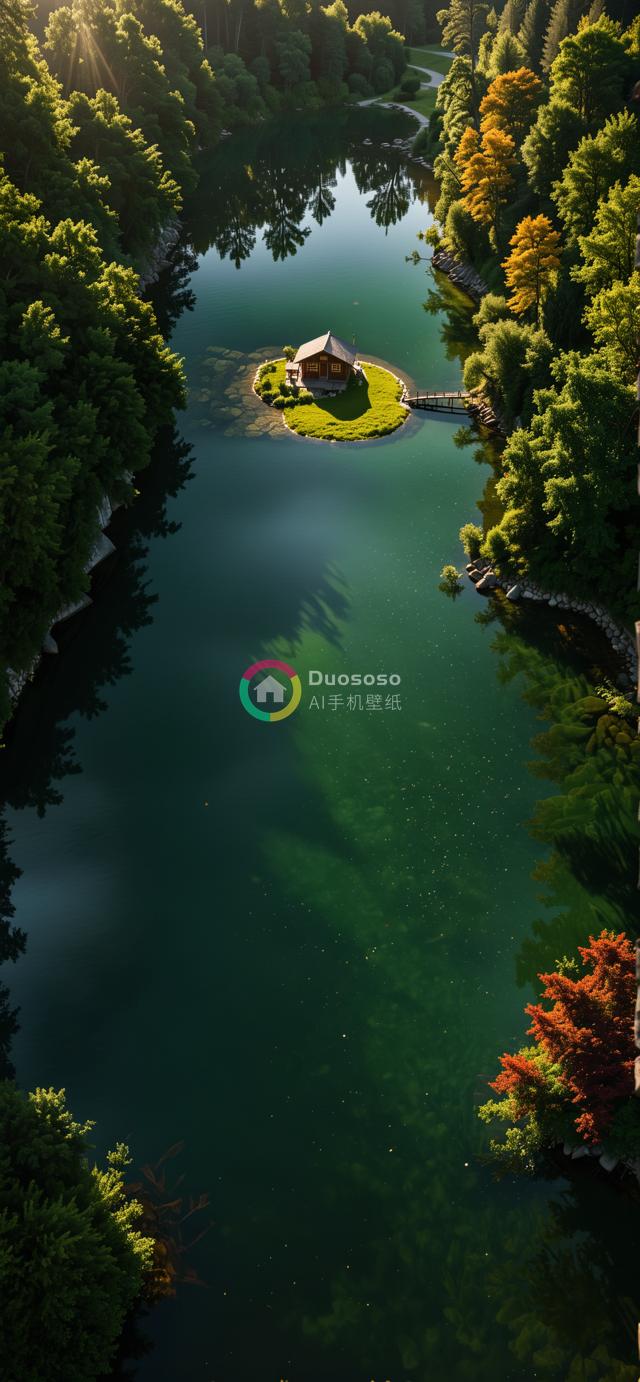 俯瞰湖心小岛上绿意盎然的木屋：宁静秋日美景