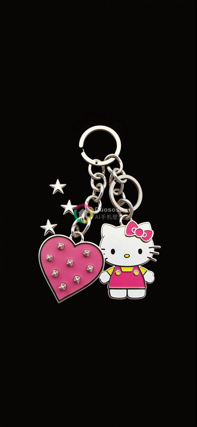 黑背景下粉色Hello Kitty钥匙扣高清摄影