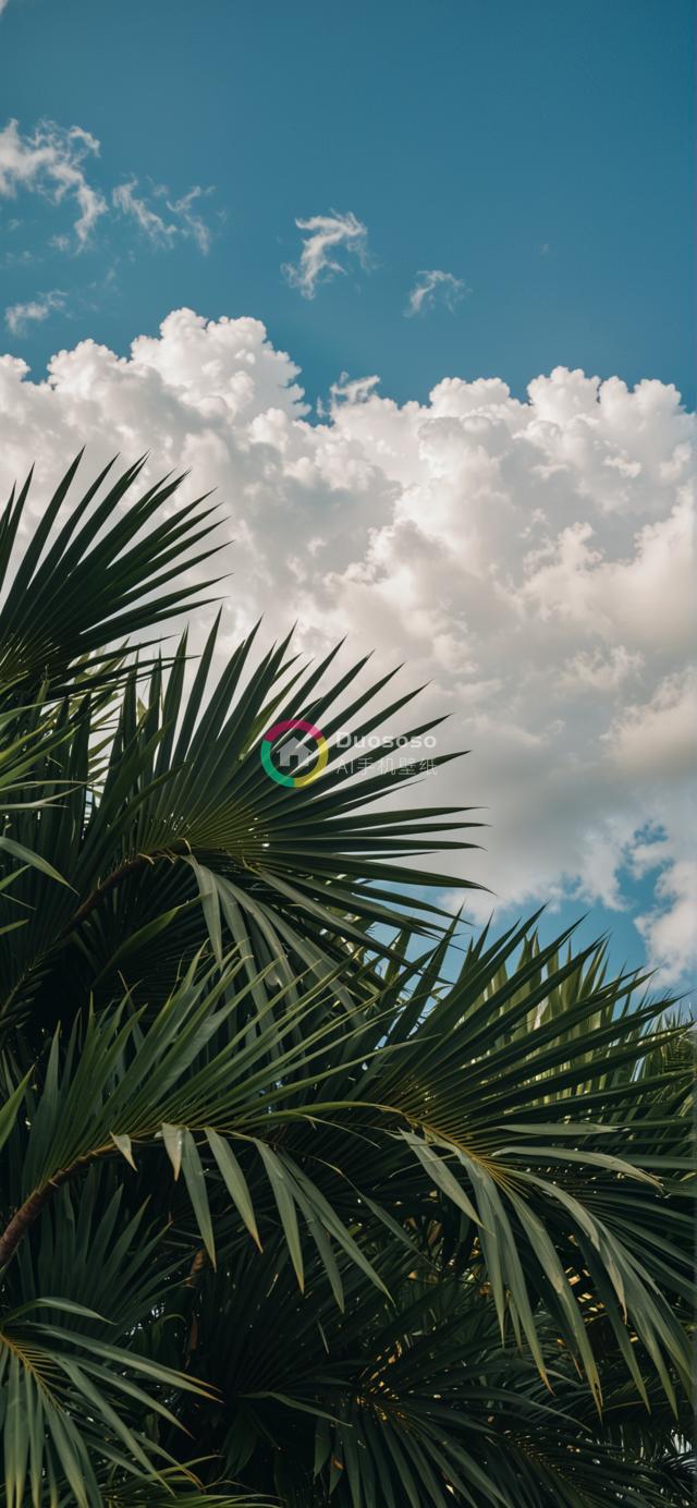 仰拍椰树绿叶映晴空：热带宁静与自然之美