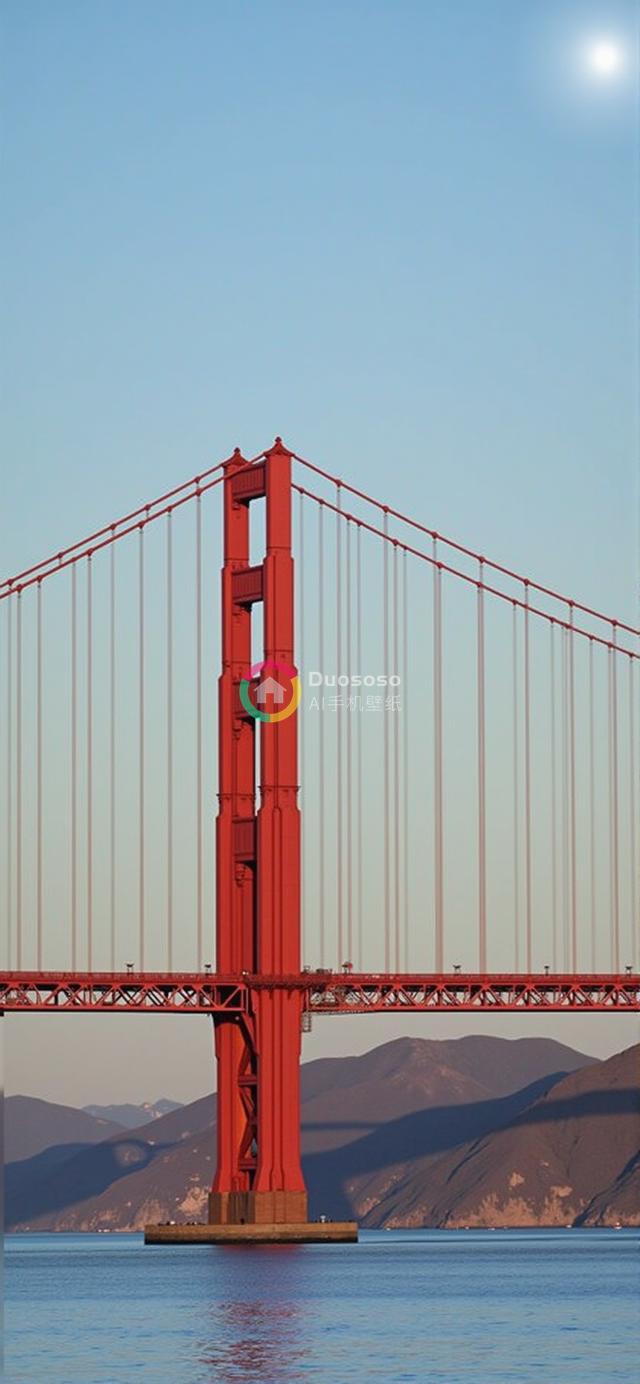 “旧金山金门大桥红色塔楼近距离水上摄影，蓝天映衬下的光影之作”