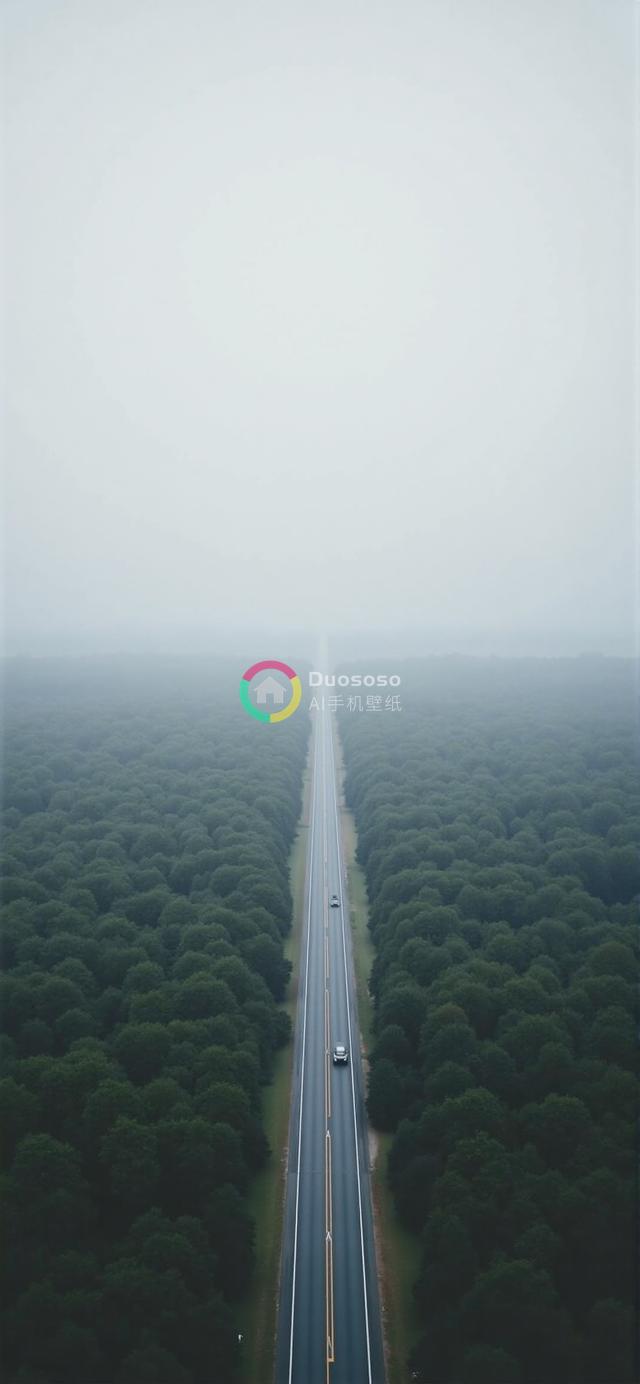 俯瞰密林中公路对称之美：迷雾笼罩下的神秘与孤独