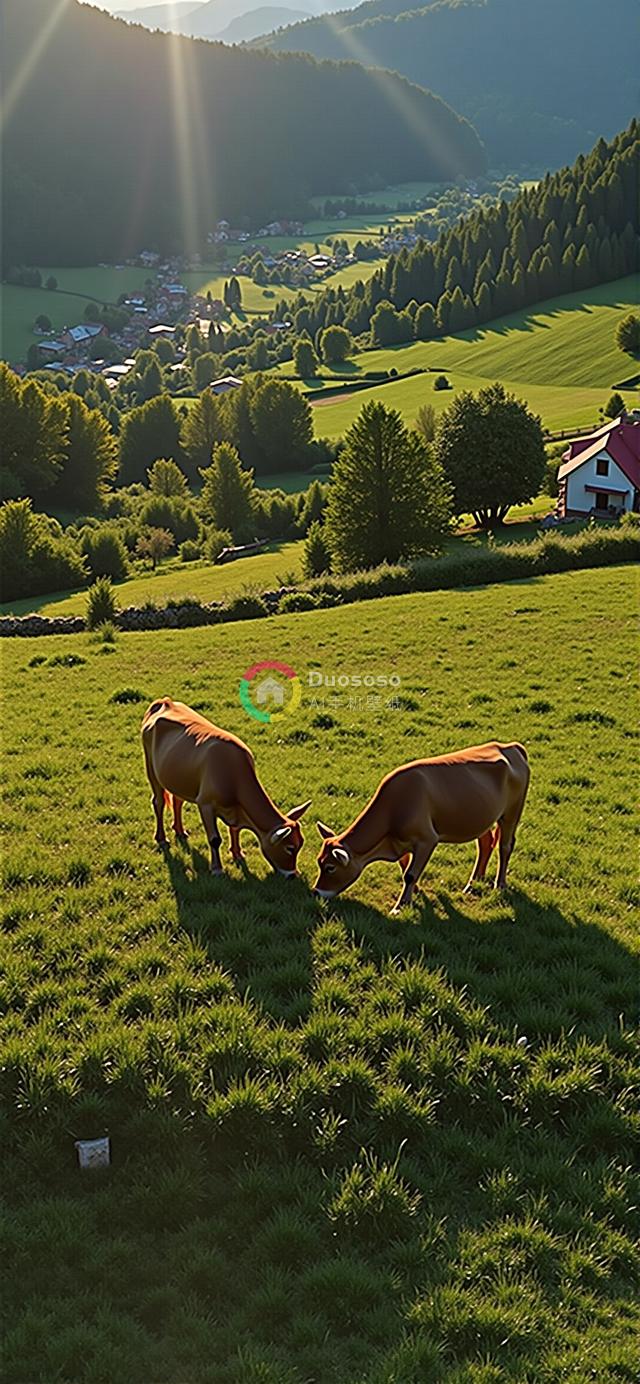 夕阳下绿茵牧场双牛悠闲食草，远处山脉村落点缀宁静田园风光