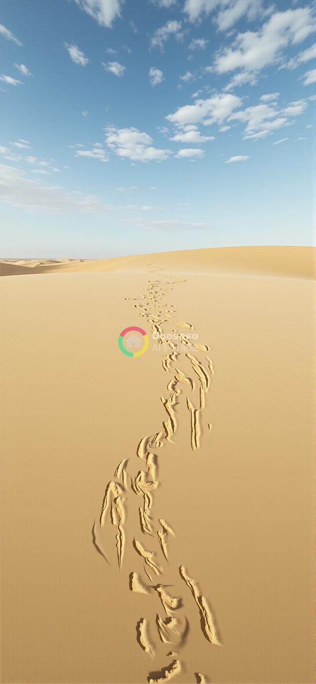 沙漠中蜿蜒足迹：温暖阳光与广阔蓝天的生命坚韧独奏