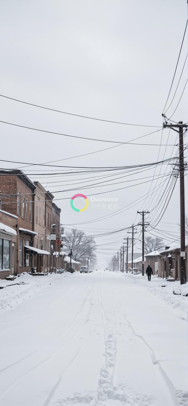 小镇雪景：砖楼街巷与阴沉天空下的宁静孤寂