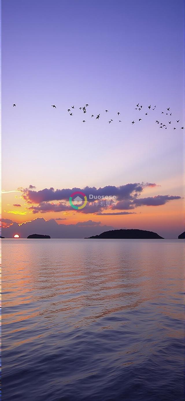 宁静海岛日落奇景：火球夕阳映霞光，飞鸟掠过醉人心