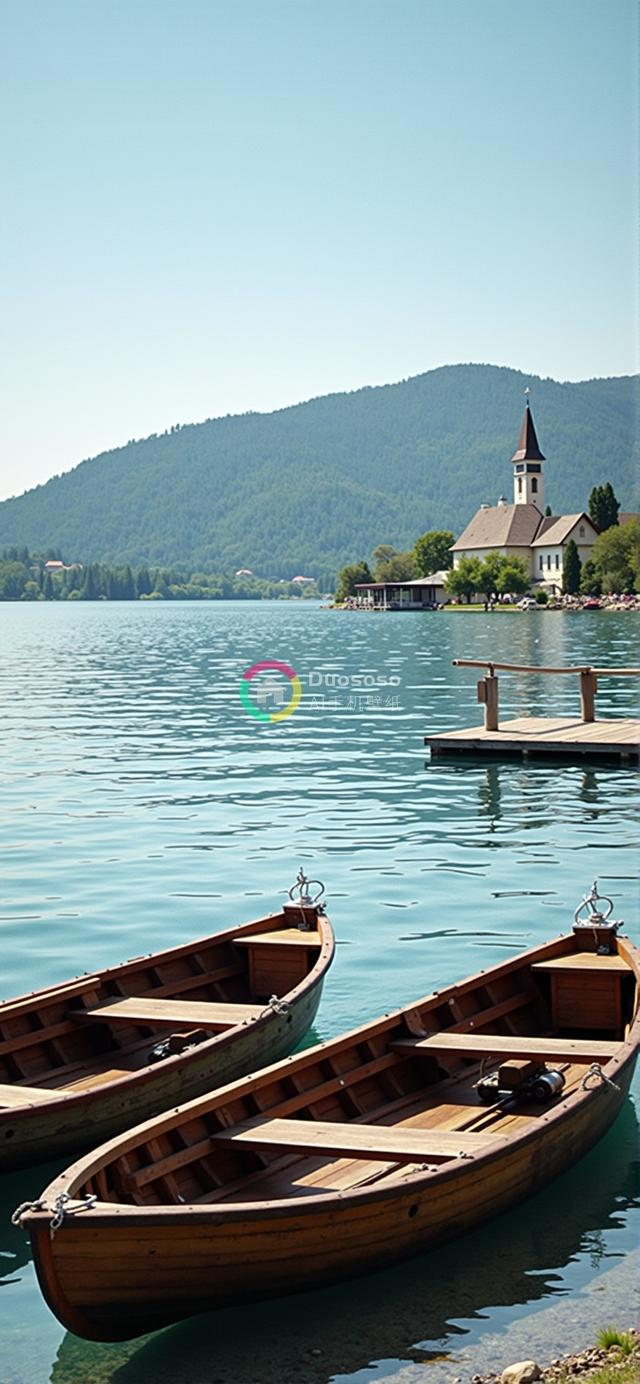 “湖畔宁静：两艘木划艇靠岸，绿意教堂背景下的大自然宁静美景”