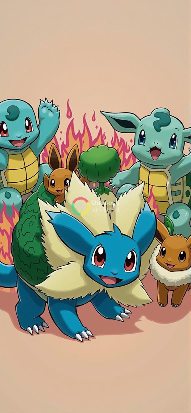 五宝可梦角色桃花背景齐聚，中心猫状水箭龟笑眼迷人