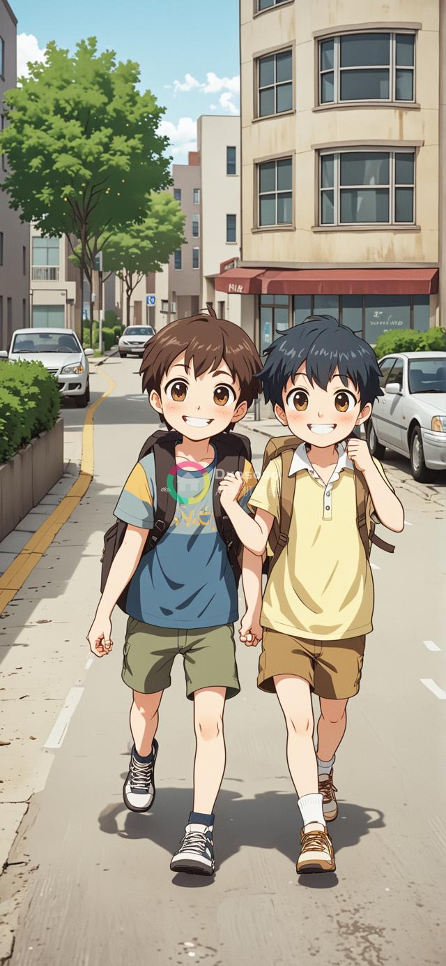 阳光明媚下携手同行的小学生校园生活插画