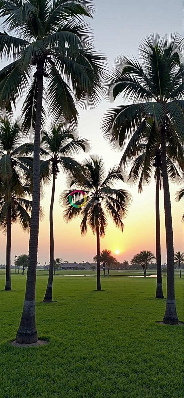 落日余晖下的宁静棕榈树与古宅风光