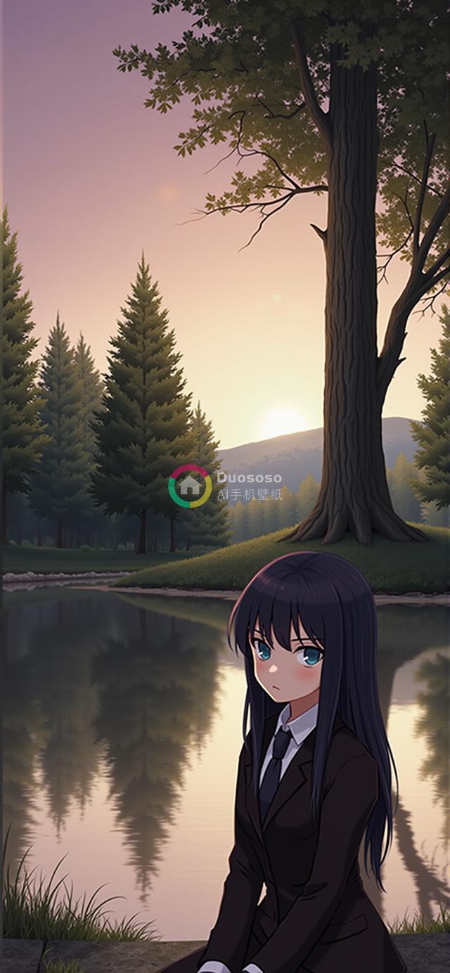 落日湖畔动漫女孩沉思渲染图：静谧与忧郁交织