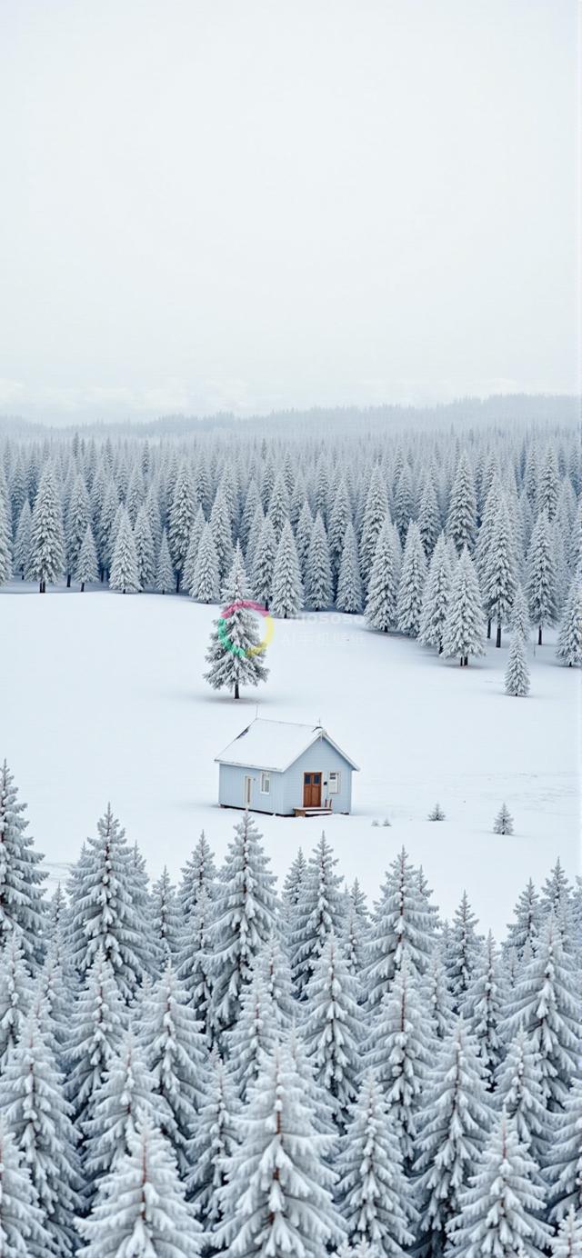宁静雪景中蓝顶小屋：冬日密林中的寂静与辽阔