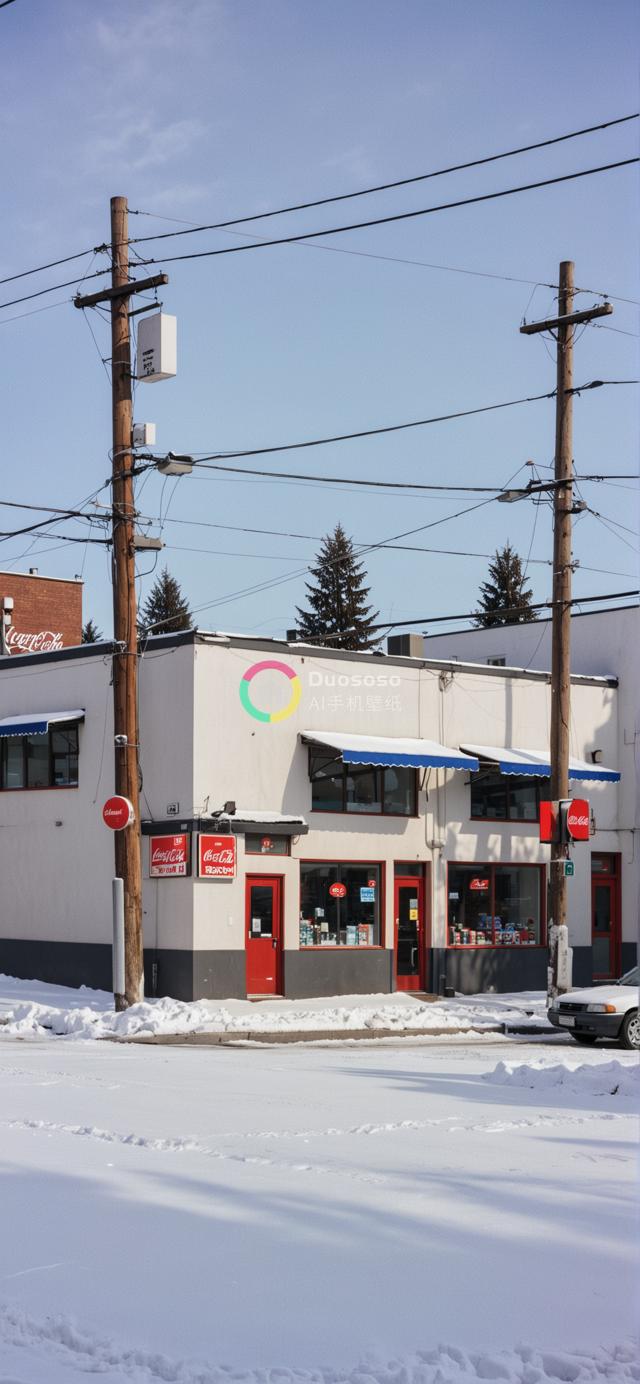 冬日阳光下一层雪覆盖便利店的生动照片