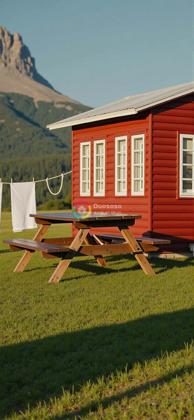 红顶山景小屋：温馨田园与壮丽山峰的和谐画面