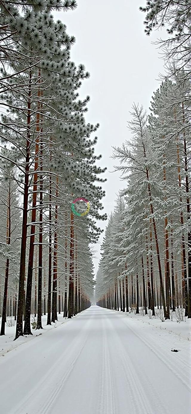 冬日密林雪道：对称松树与宁静视野