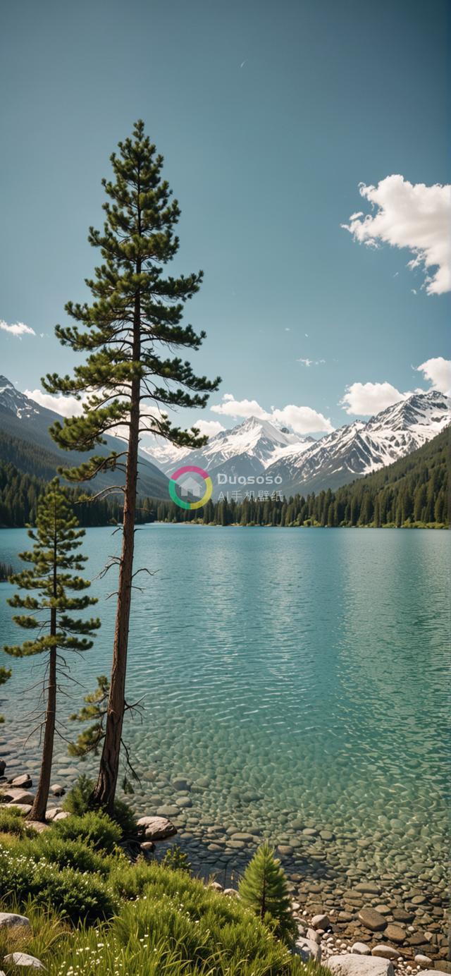 雪山碧湖双色境：两松映碧空，岩岸透清波