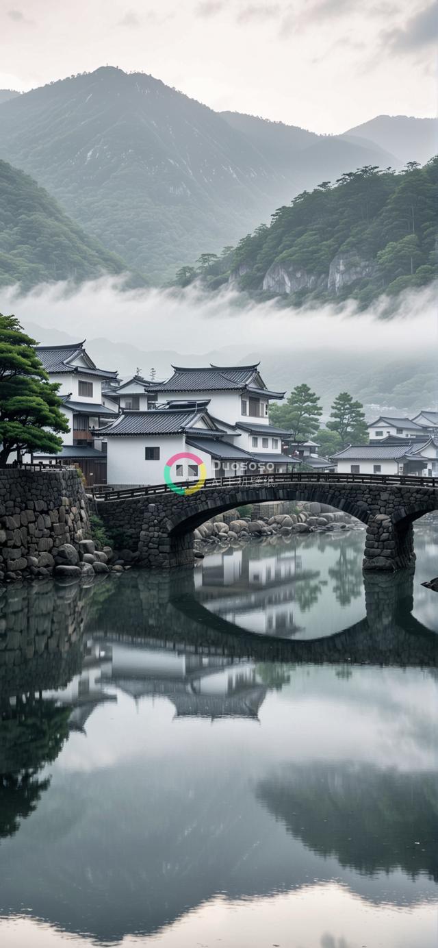 日本传统屋舍与翠绿山峦的绝美风光：石桥古韵映现宁静河面