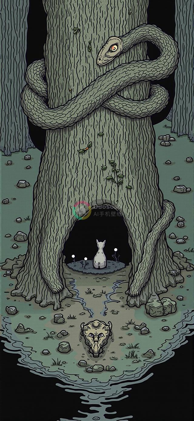 绿灰黑限定色调奇幻插画：巨蟒绕古树，白猫形生物居树洞，水域旁神秘头骨