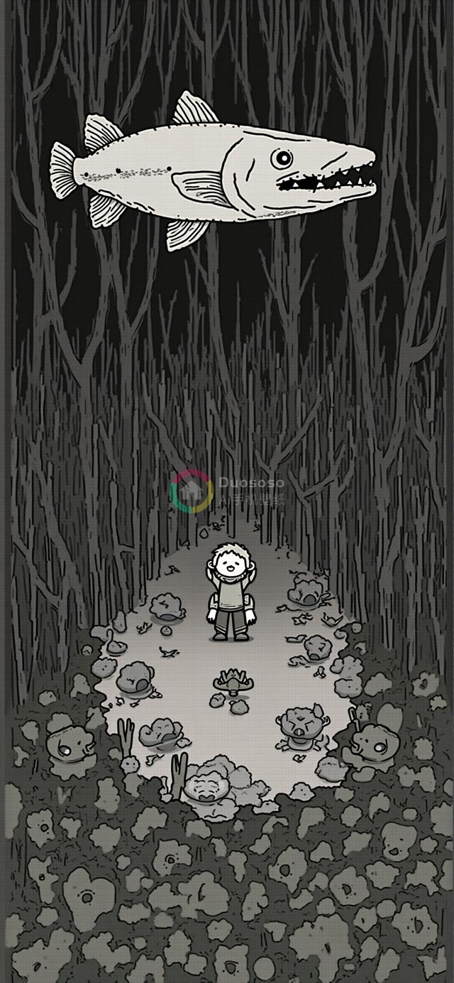 神秘森林中的奇幻画面：金发男孩与空中飞鱼交织的惊愕景象