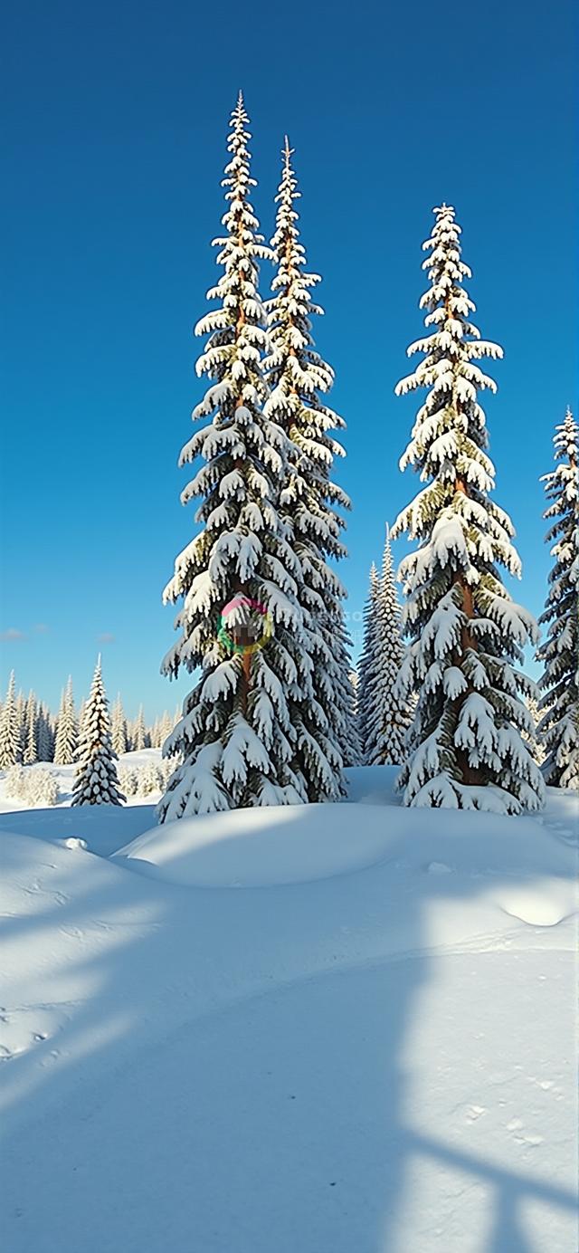 宁静冬日风光：雪覆松树耸立，洁白大地蔓延至密林