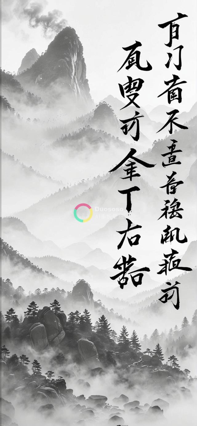 中国传统山水画渲染：朦胧山峰与墨色松林交织的宁静画面