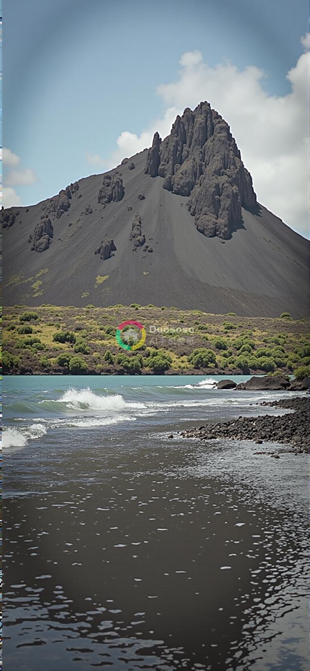 火山景观照：黑沙滩映衬碧波荡漾，生机绿植与暗岩形成鲜明对比