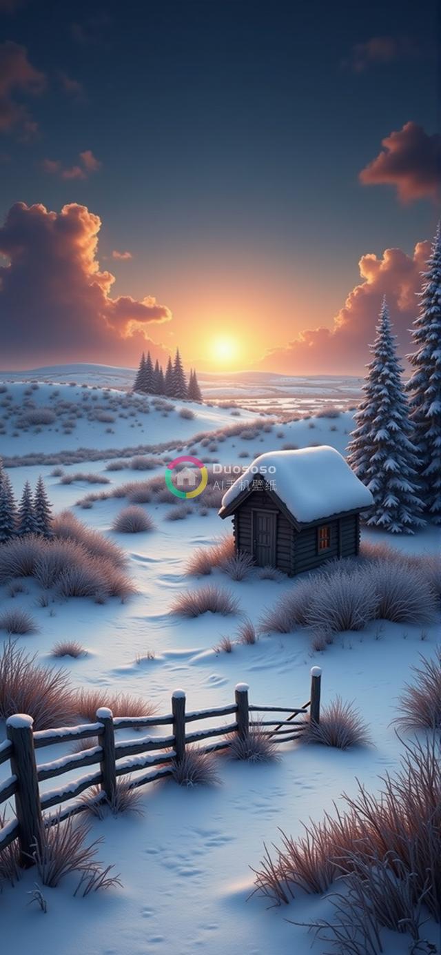 雪景奇观：落日余晖下的宁静冬日木屋