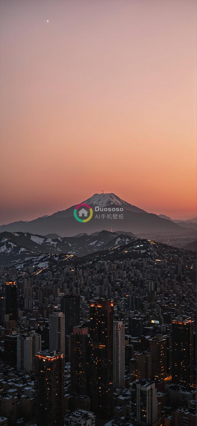 黄昏时分雪峰耸立都市全景摄影：自然宁静与都市繁华的壮丽对比
