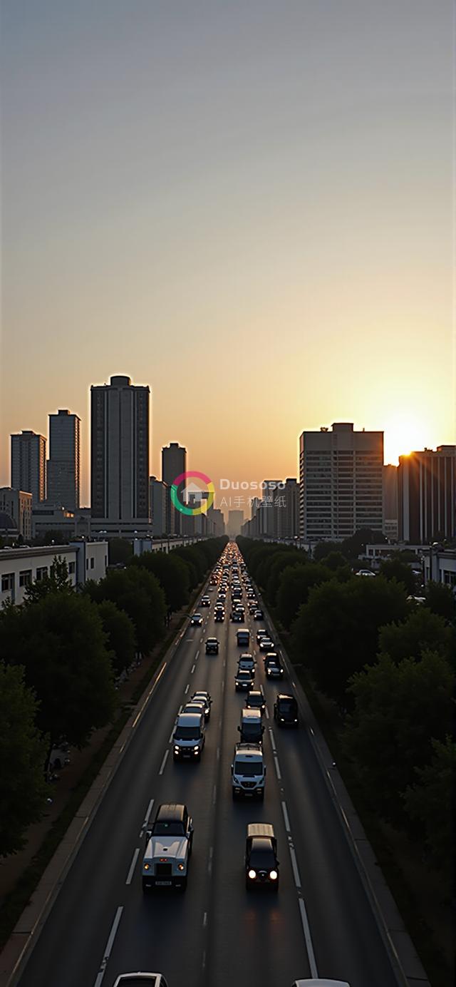 日落时分的城市中心繁忙多车道高速公路鸟瞰照片