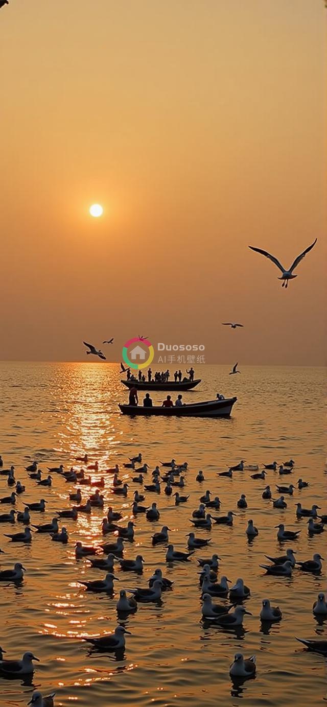 落日余晖下的宁静海景：渔船与海鸥共浴温暖橙光