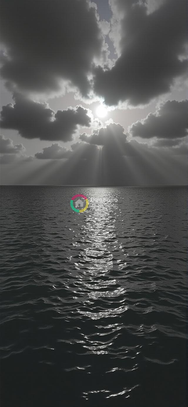 震撼海洋光影：阳光穿云裂雾照耀波涛的单色画卷