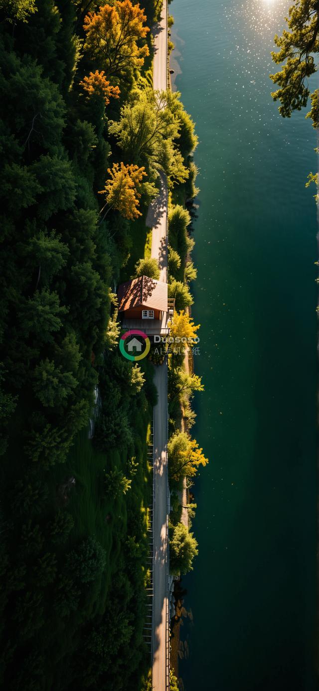 空中俯瞰绿林深湖间小木屋的秋日宁静风光
