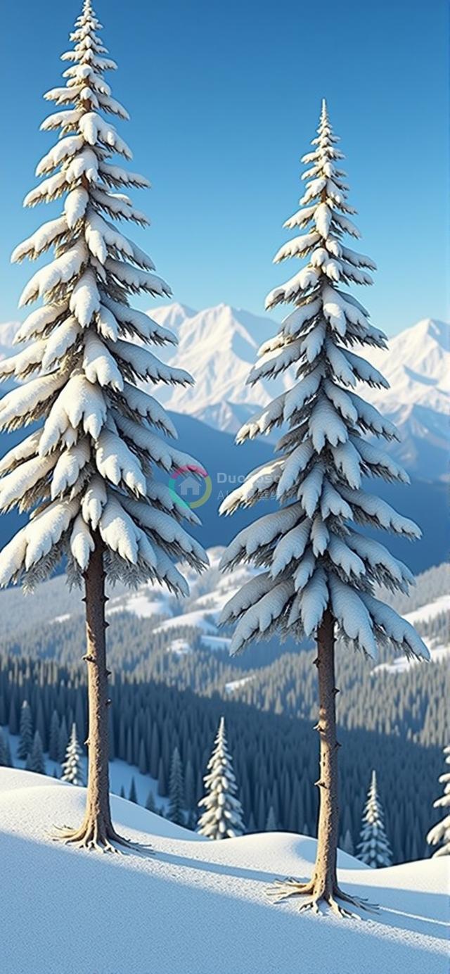 冬景描绘：雄伟雪松映衬雪峰，雪境森林展现宁静与深度