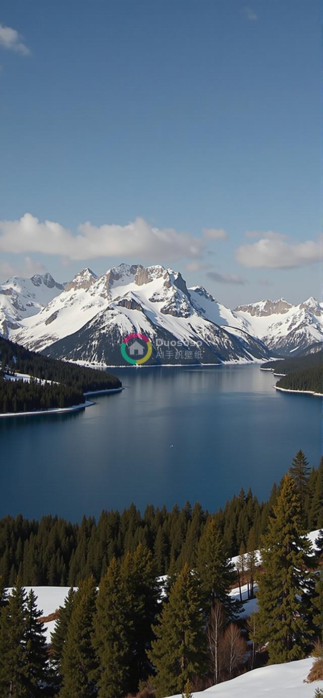 冬日雪山湖光全景：湛蓝湖水与雪峰交相辉映