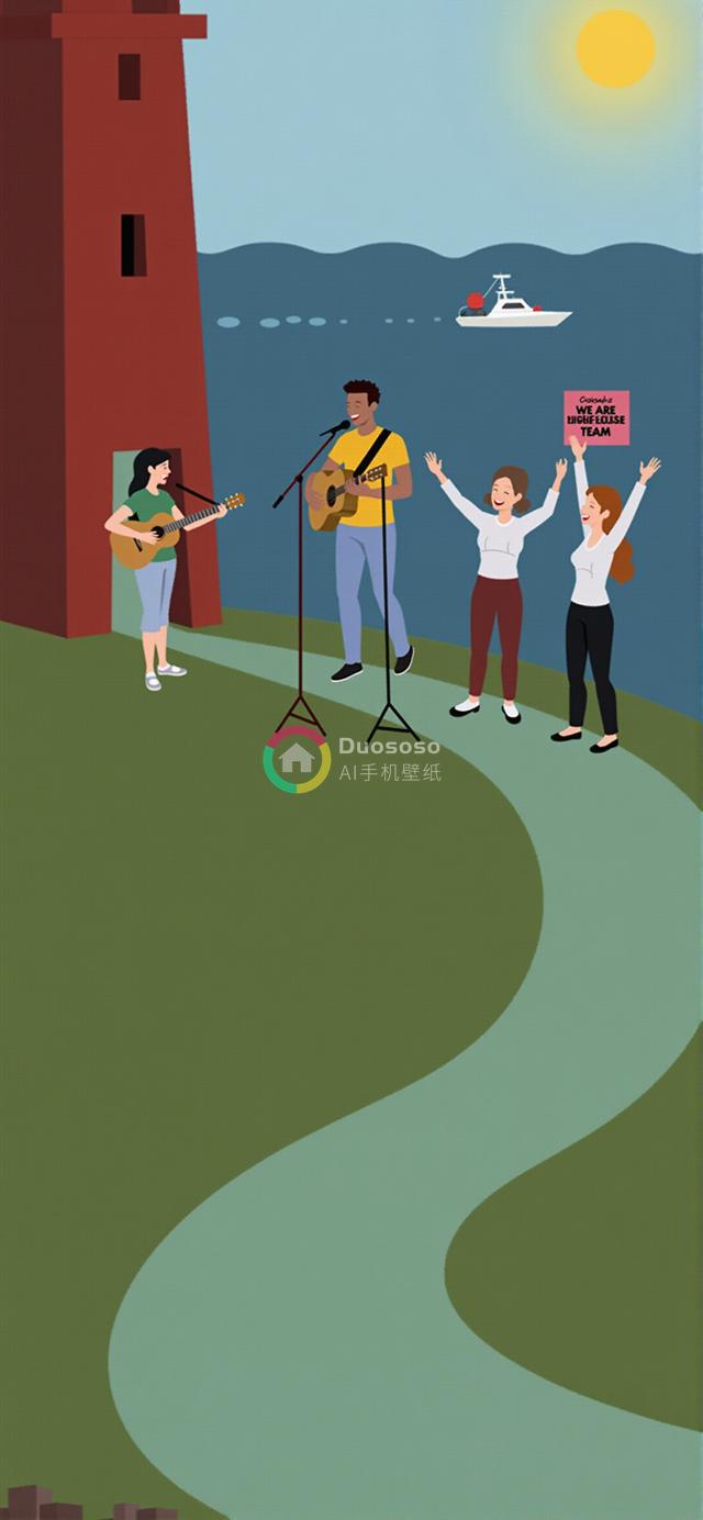海滨乐队欢庆活动卡通插画：阳光明媚下的音乐盛宴